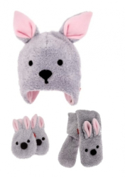 Čepice zimní se šálou a rukavičkami fleece - BUNNY šedo-růžová 