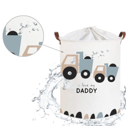 Koš na hračky, uzavíratelný, Tulimi, bavlna, Trucks Love Daddy - bílý, 43 L