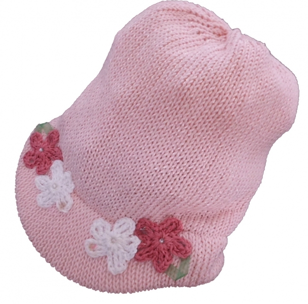 Čepice dětská přízová s kšiltem - KVĚTINY růžová - vel.50-52cm