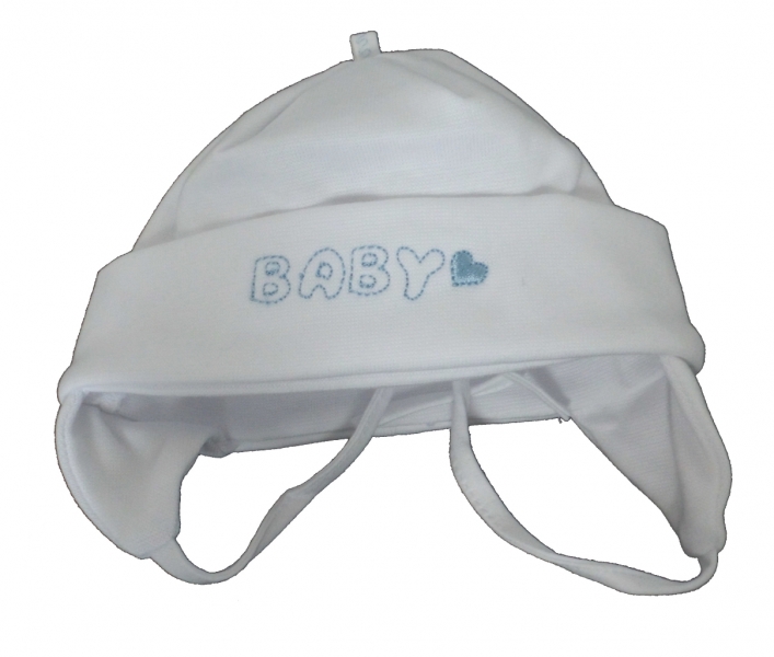 Čepice kojenecká bavlna - BABY bílá s modrým nápisem - vel.62